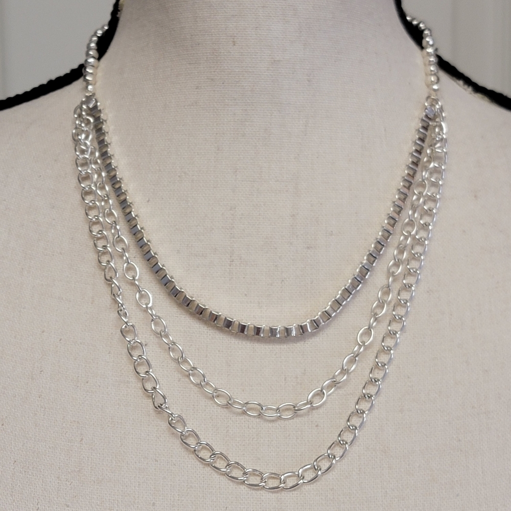 Silver Tone Layered Necklace Triple Strand Minimalist Funky Simple Jewelry Gift‎